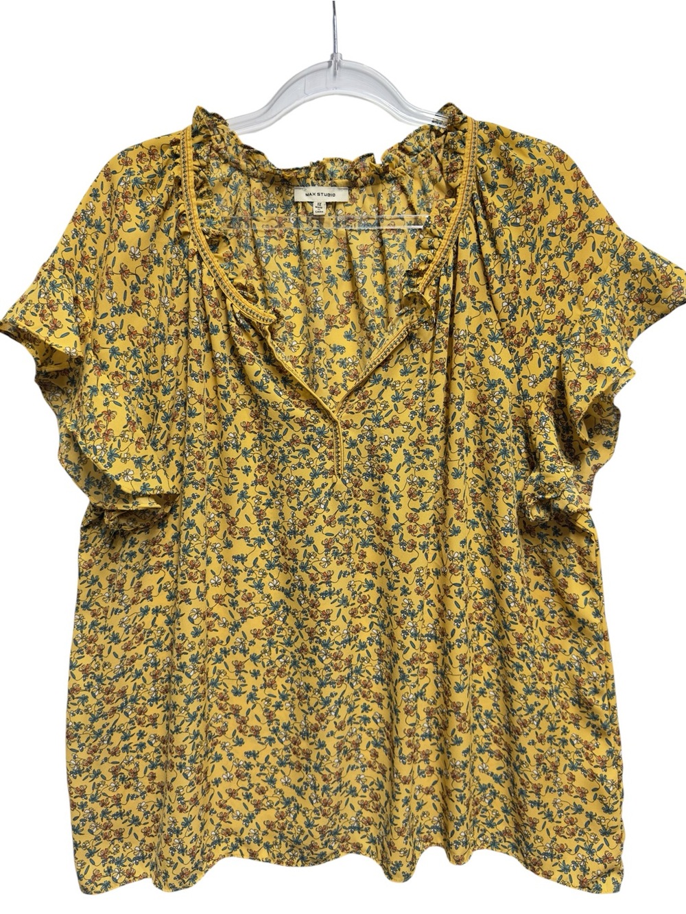 Silky Matte Satin Knit Floral Vines Aztec Pleated Ruffle Flutter Blouse Top